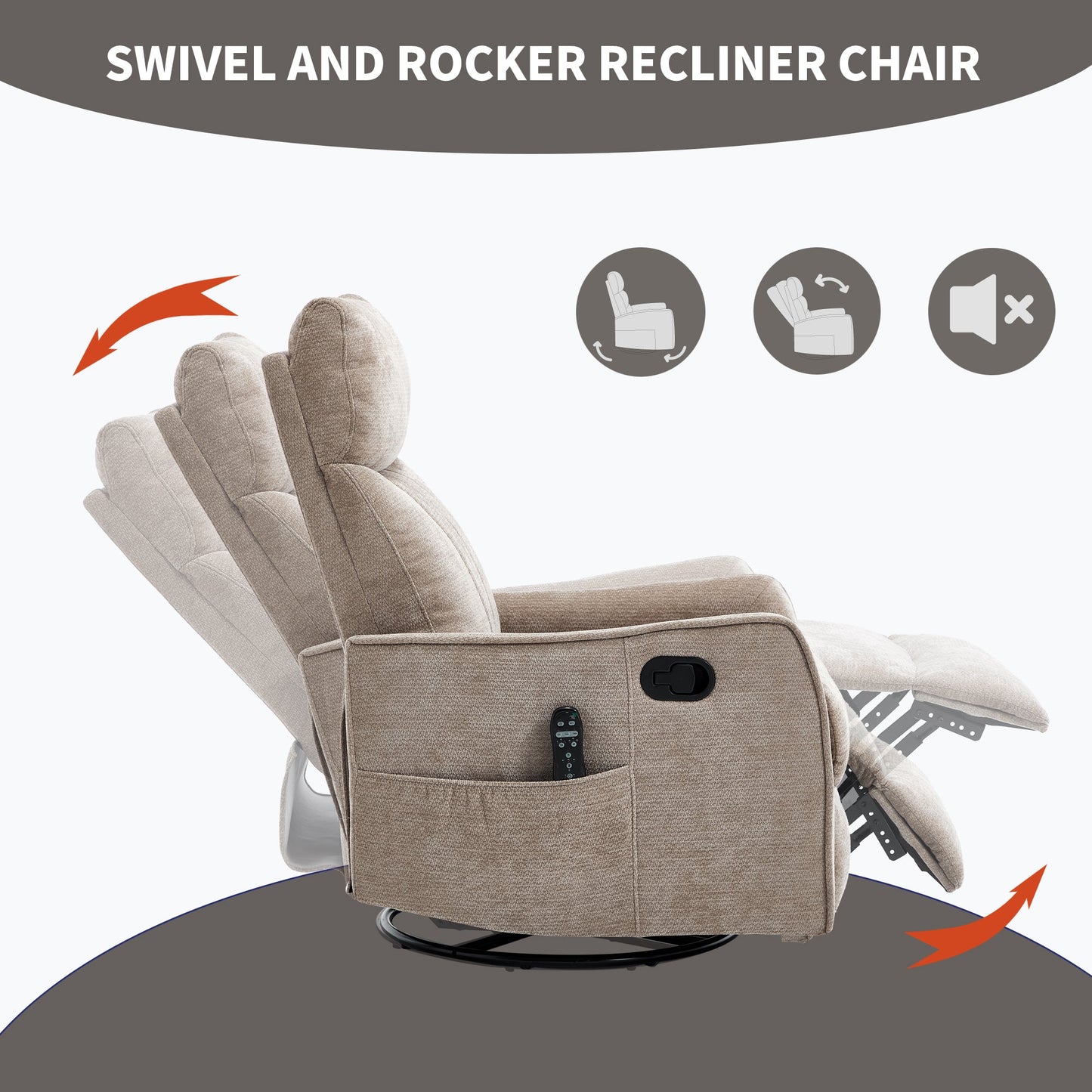 Khaki Heat Massage Manual Recliner Chair with Rocker and Swivel in Fabric for Living Room