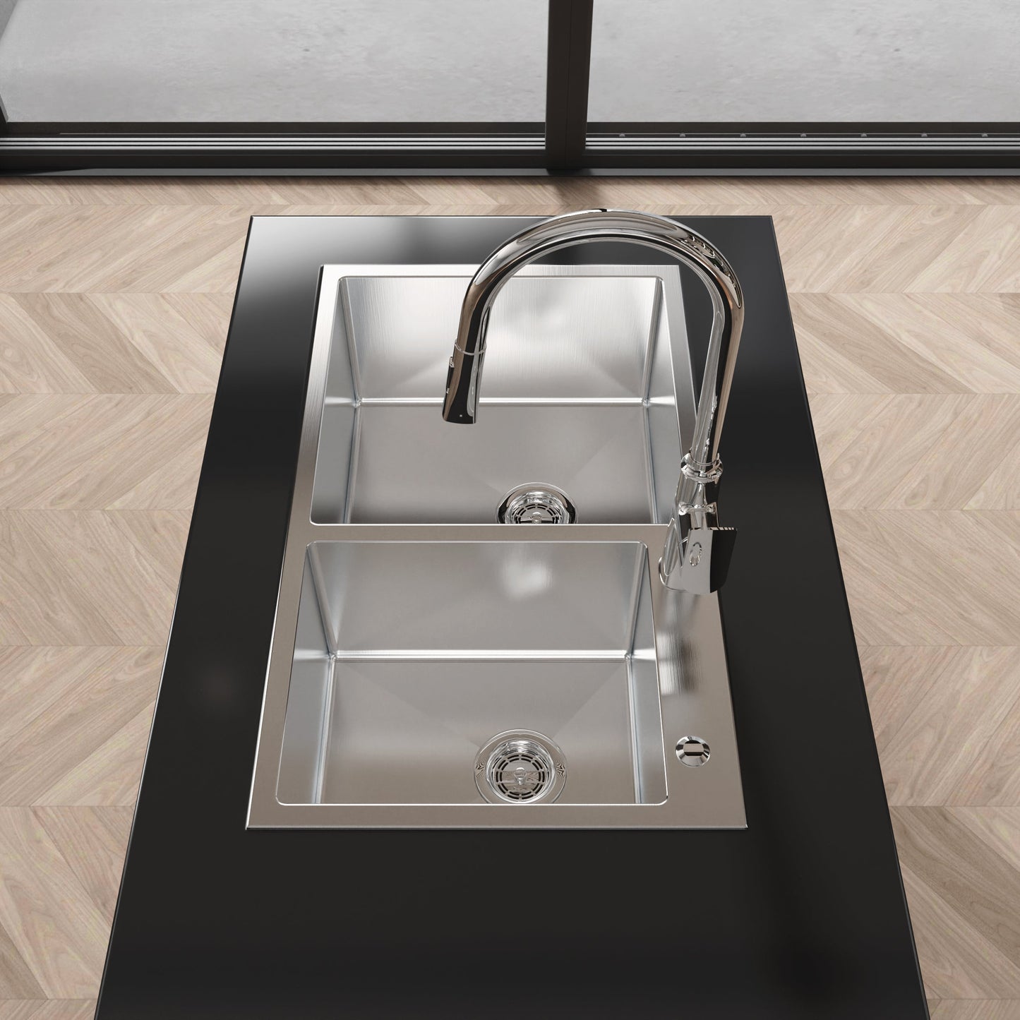 Stainless Steel Kitchen Sink, 32"x19" Double Bowl in Brushed Nickel