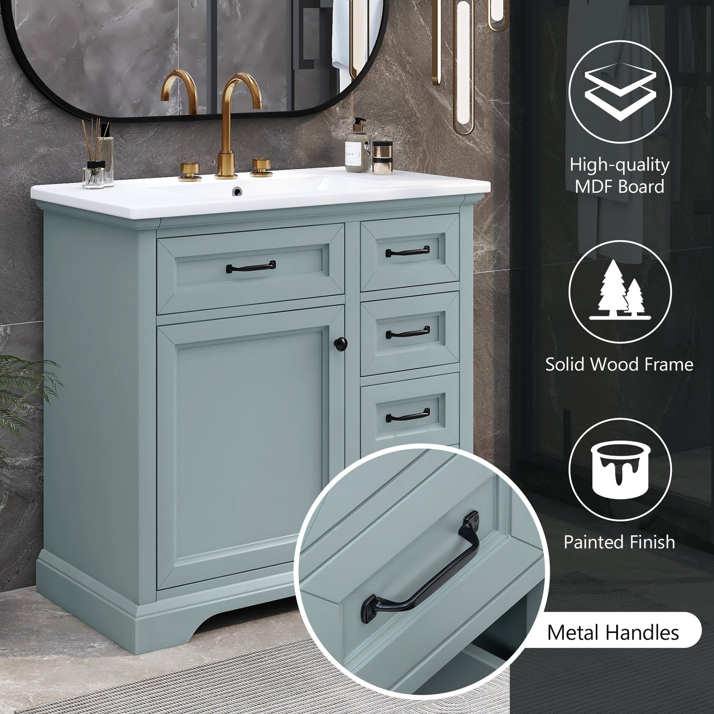 36" Bathroom Vanity with Ceramic Sink and Storage