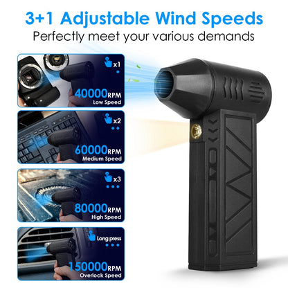 Compressed Air Duster with LED Light Up to 150000RPM Speed for PC Keyboard Cleaning High Speed Rechargeable Cordless Air Blower with 4 Speeds for Home