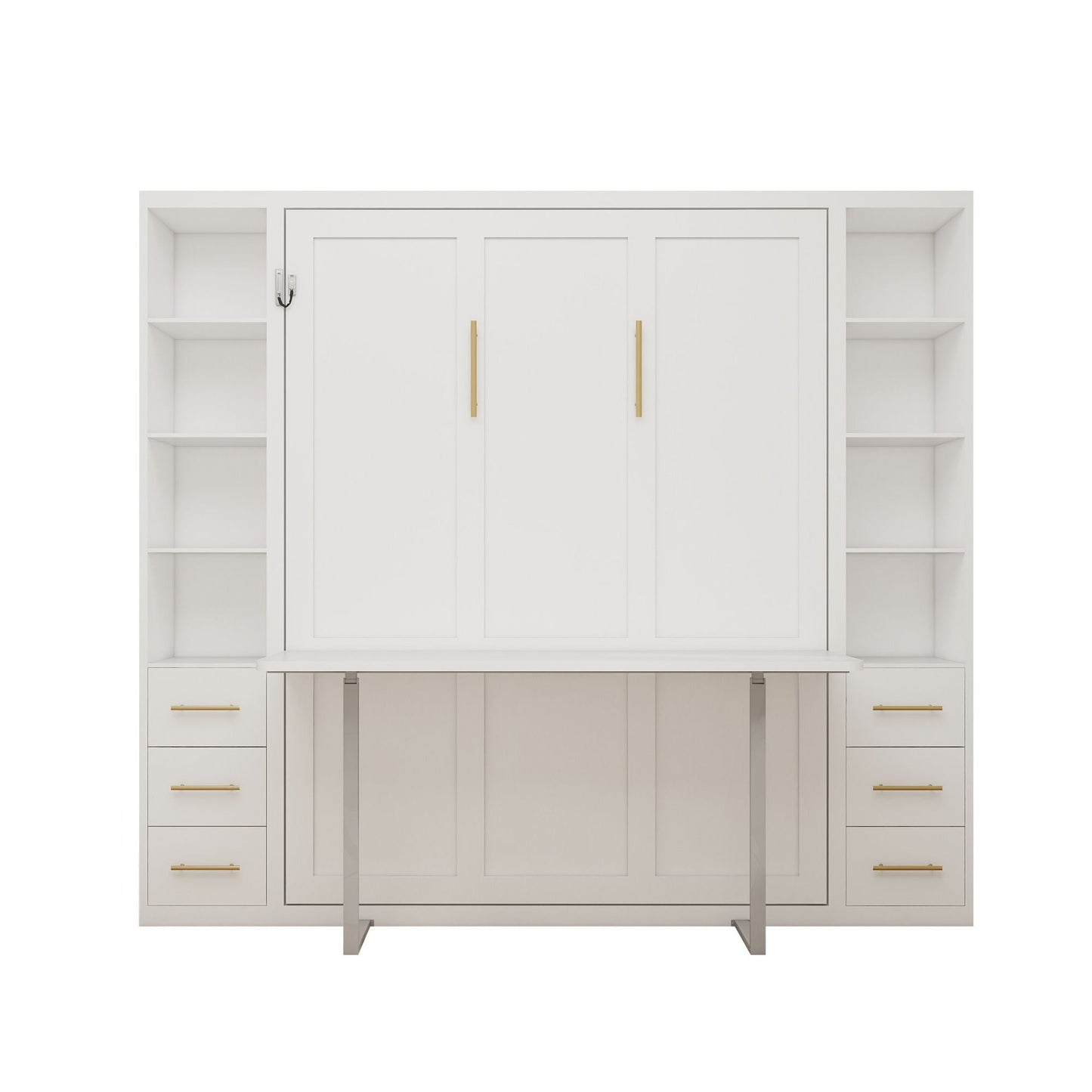 Queen Size Murphy Wall Bed With Side Storage Cabinets - White