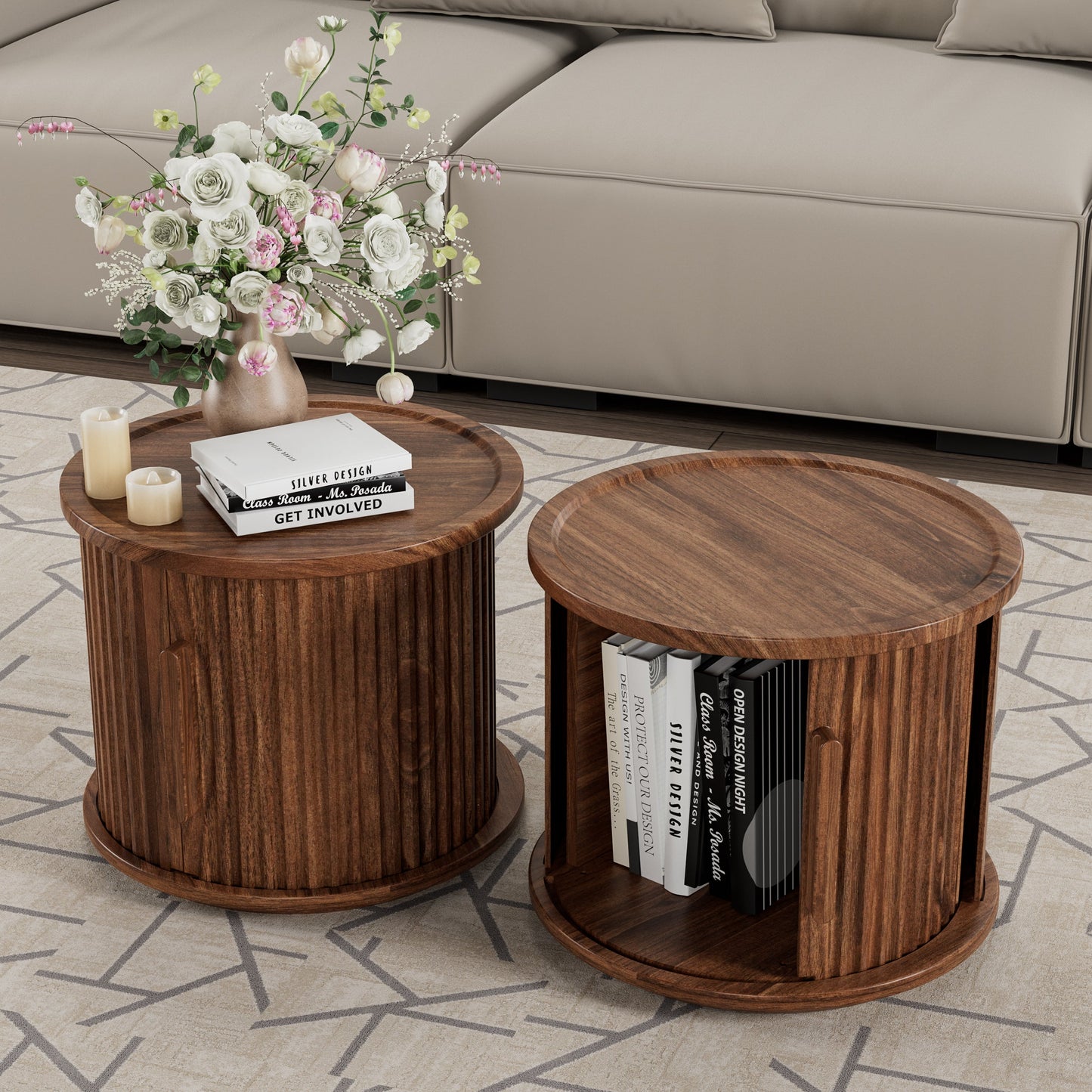 2Piece Round Coffee Table Set, Modern Nesting Side Tables with Sliding Door Storage