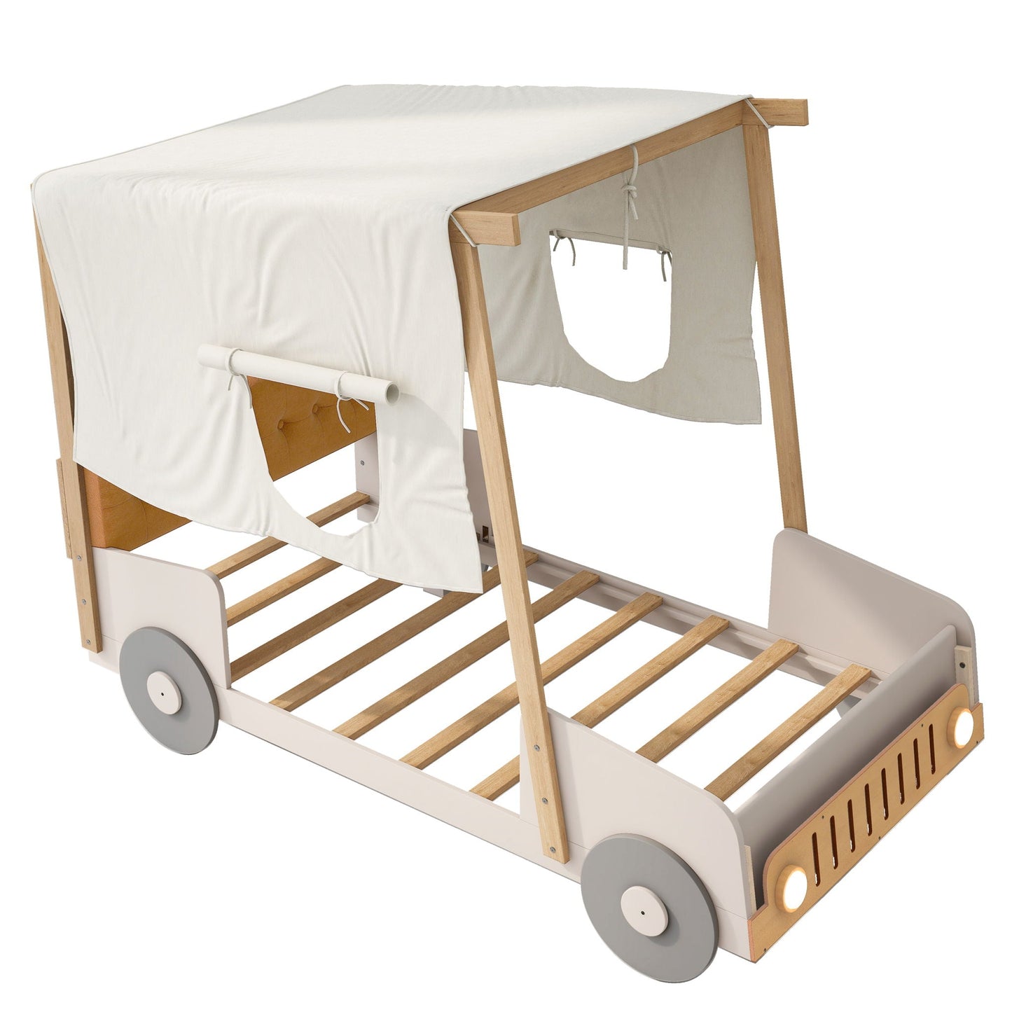 Twin Size Car Bed With Pillow, Ceiling Cloth And LED - Natural