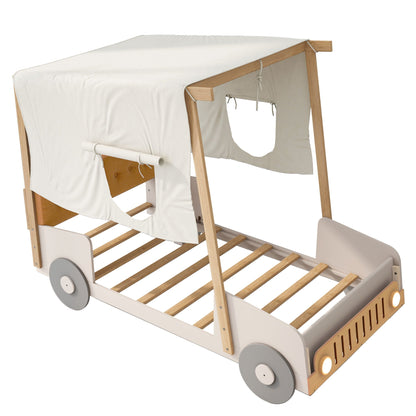 Twin Size Car Bed With Pillow, Ceiling Cloth And LED - Natural