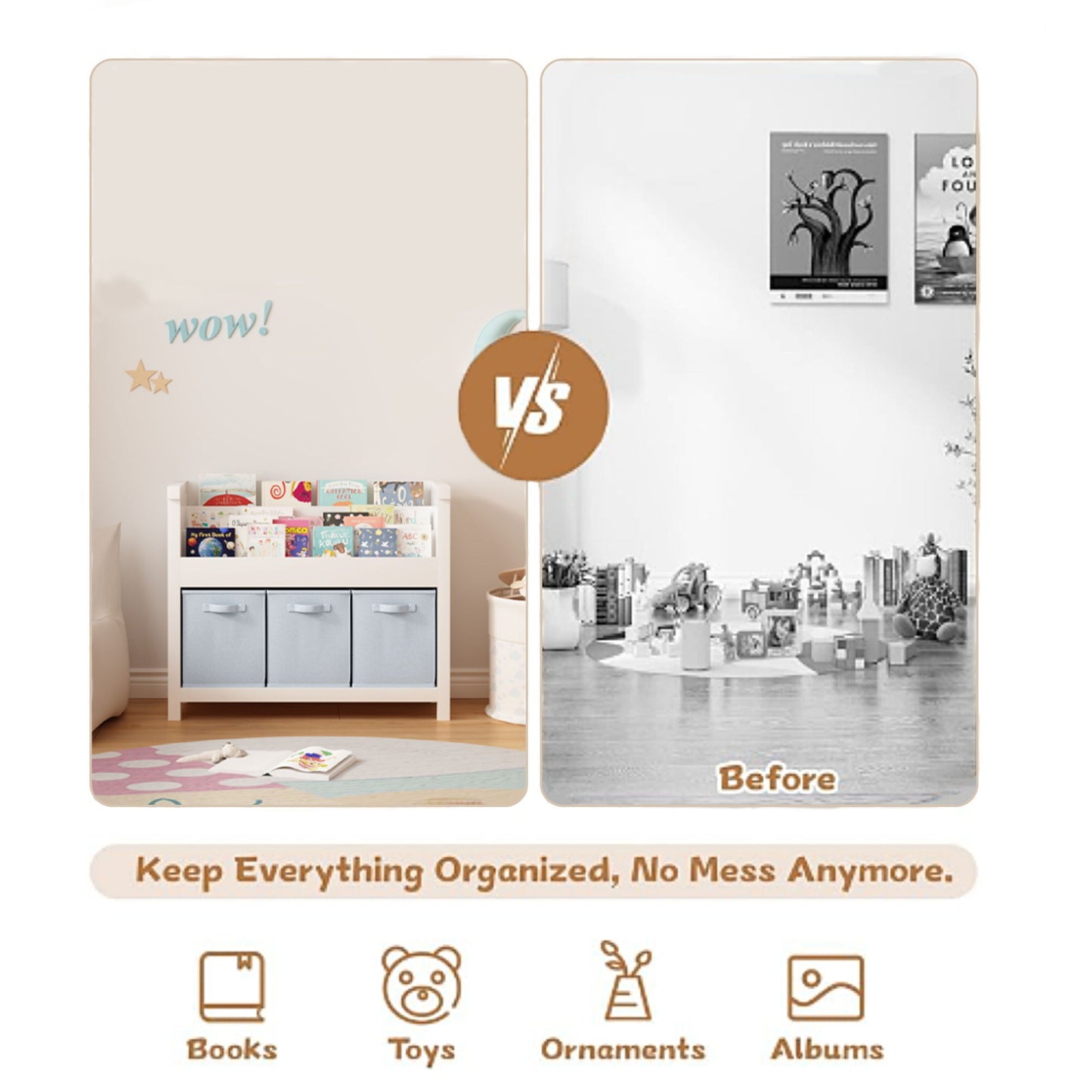 Bookshelf With 3 Tier Front Facing Storage And 3 Bins, Toddler Bookcase For Playroom - White