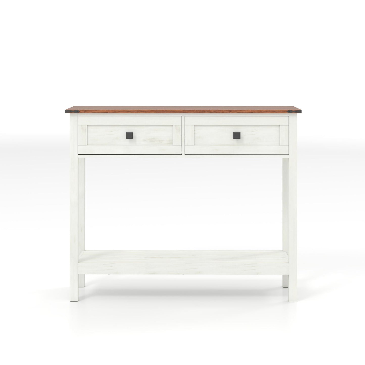Farmhouse Style Console Table With 2 Drawers And Bottom Storage Shelf