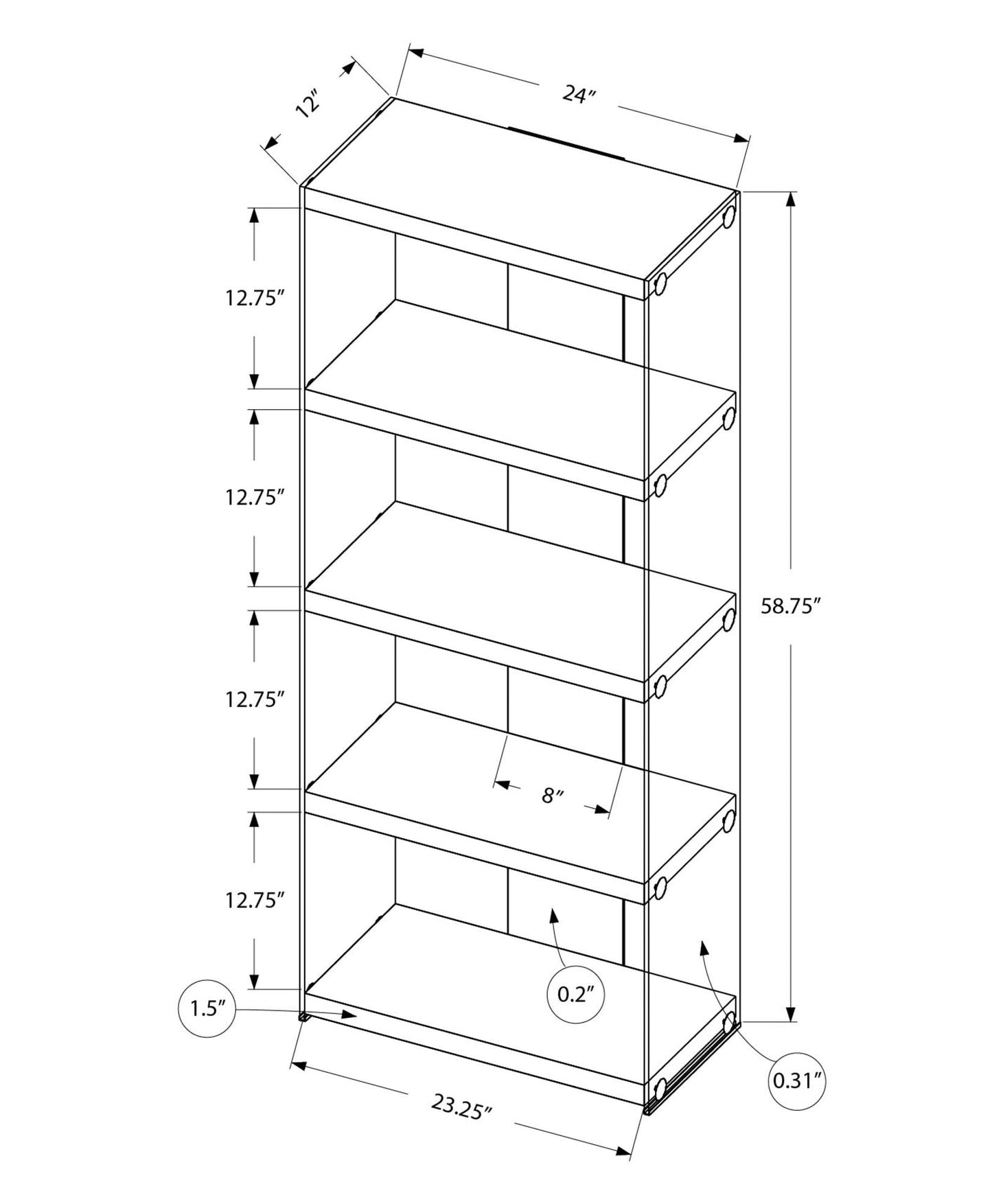 5-Tier White Bookcase with Clear Tempered Glass