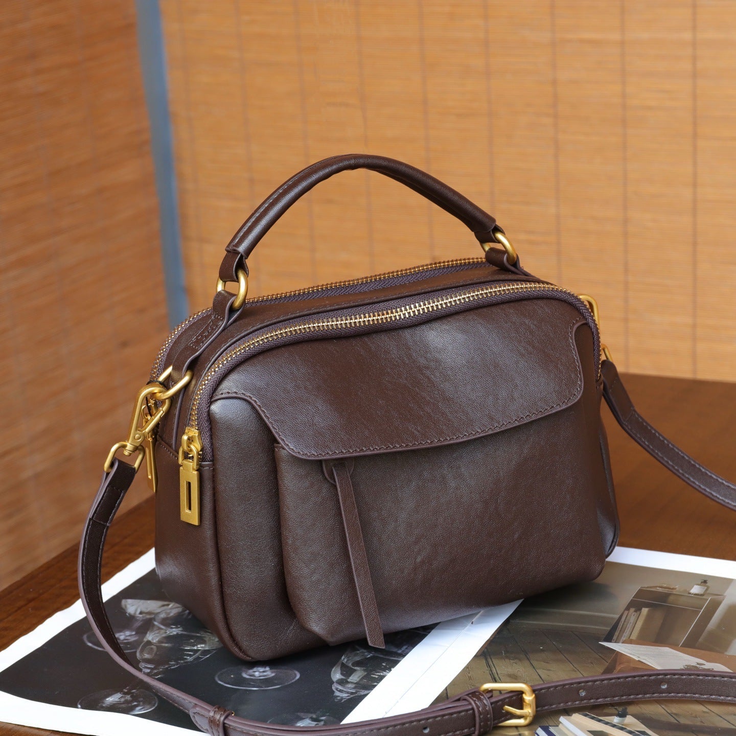 Simple Top-Grain Leather Women's Bag, Commuter Versatile Small Square Bag, Large Capacity Shoulder Bag, High-End Light Luxury Handbag