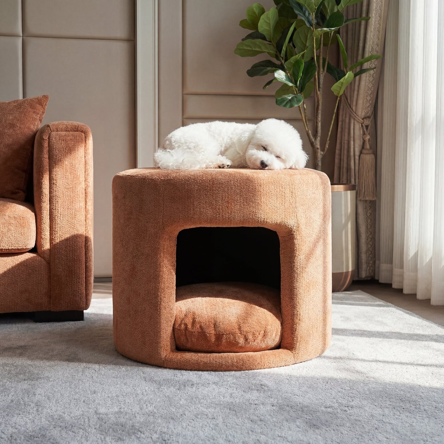 Orange Pet Friendly Ottoman with Removable Pet Cushion and Hidden Pet Nook