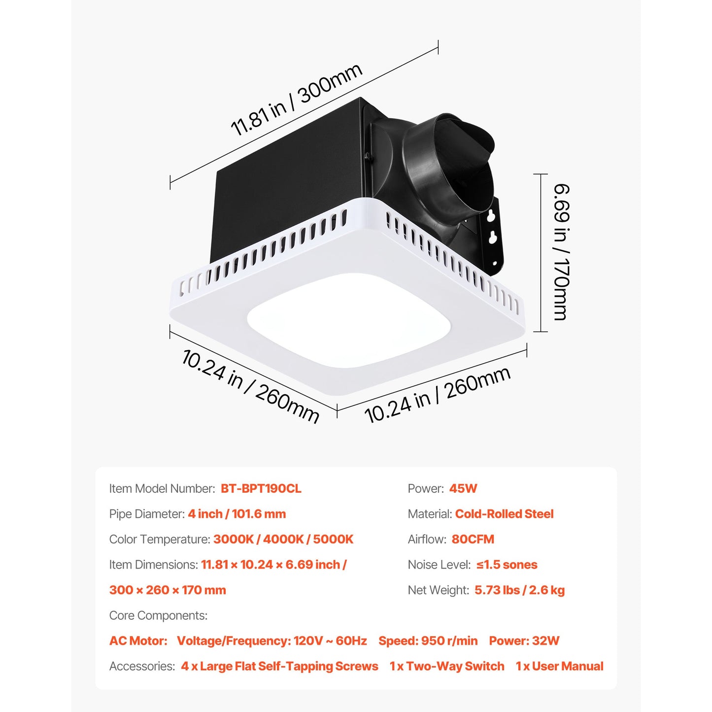 Bathroom Exhaust Fan with LED Light, 80 CFM