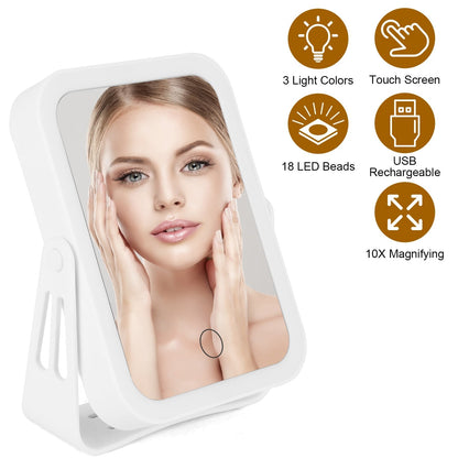 10X Magnifying Lighted Makeup Mirror Double Sided Travel Makeup Mirror with 3 Light Colors Touch Screen USB Rechargeable