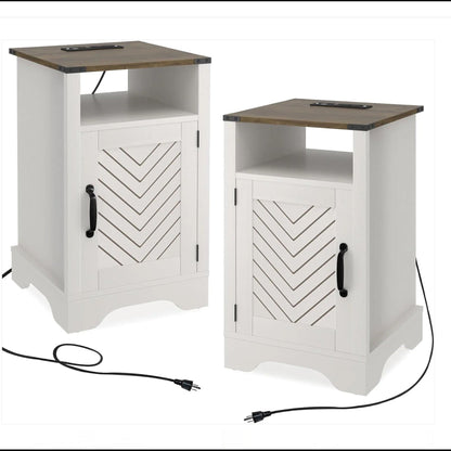 Farmhouse Nightstand With Charging Station & Storage