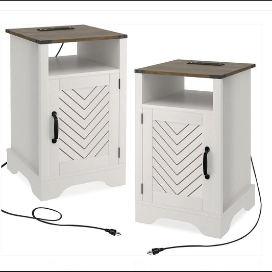 Farmhouse Nightstand With Charging Station & Storage