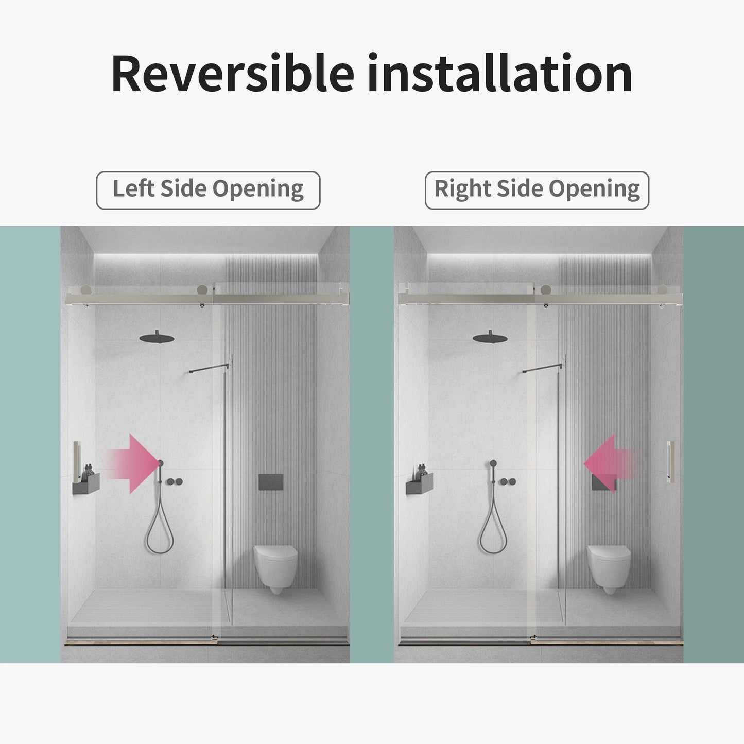 Frameless Single Sliding Soft Close Shower Doors, 3 / 8" Tempered Glass Reversible Installatio