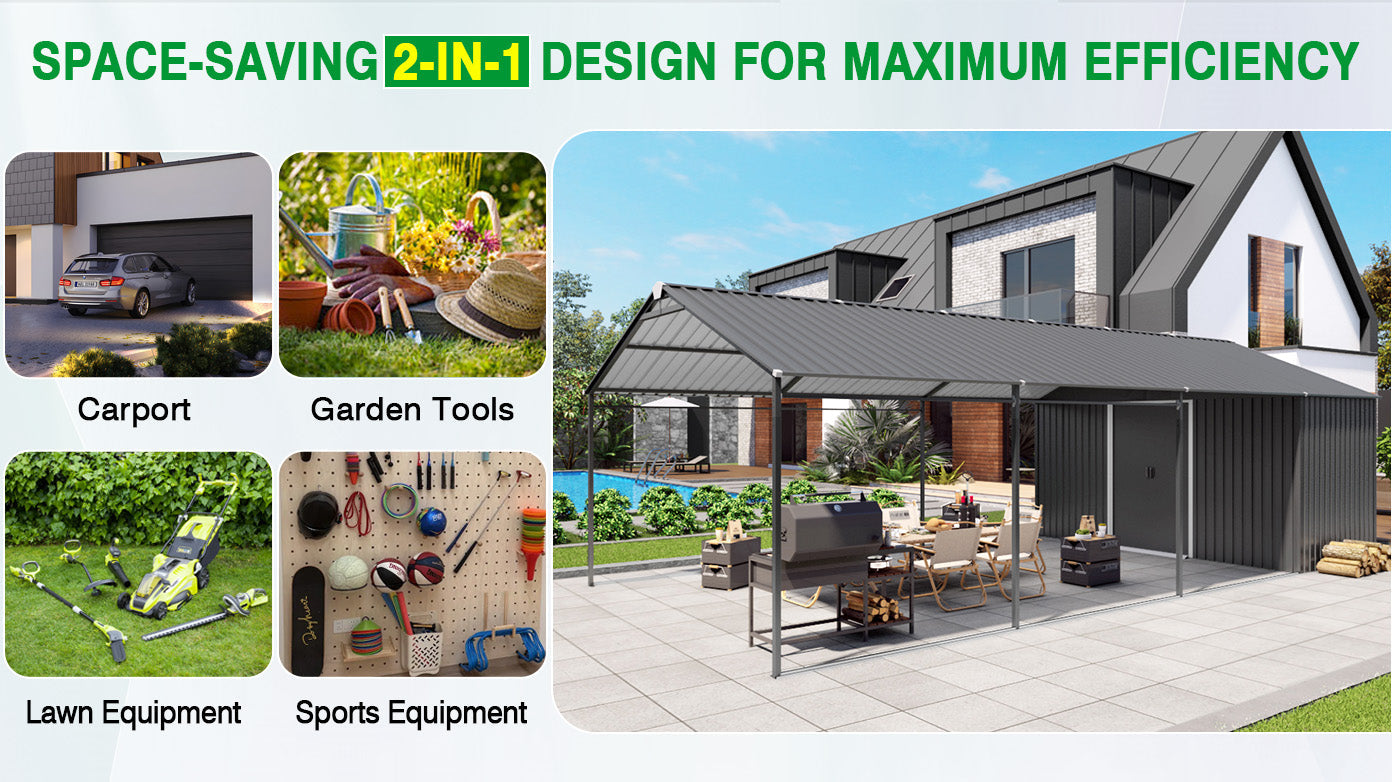 12x25 FT Galvanized Steel Carport with Shelter and Shed