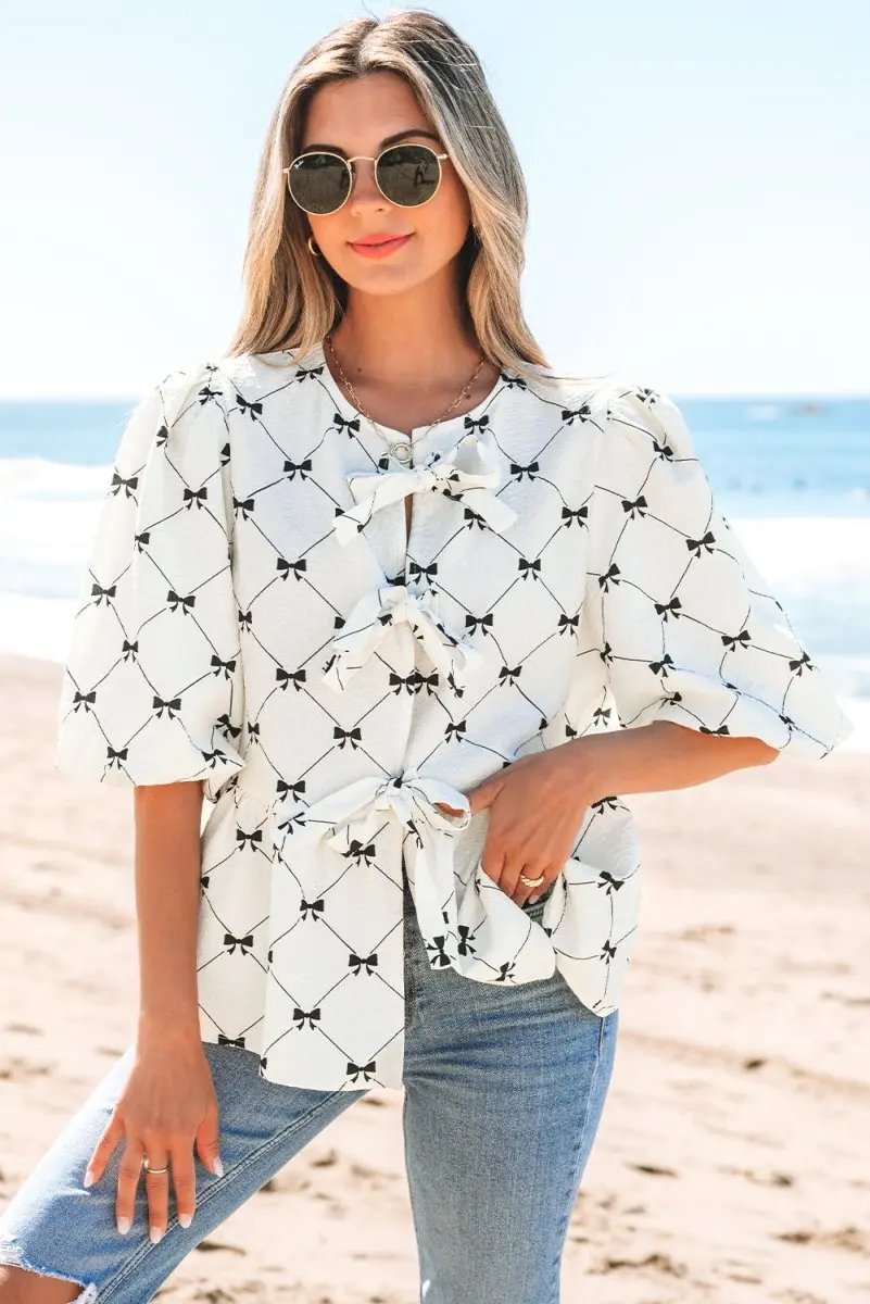 Accessories Love Salve White Bowknot Blouse Women's Elegant Top Front Knots Bubble Sleeve