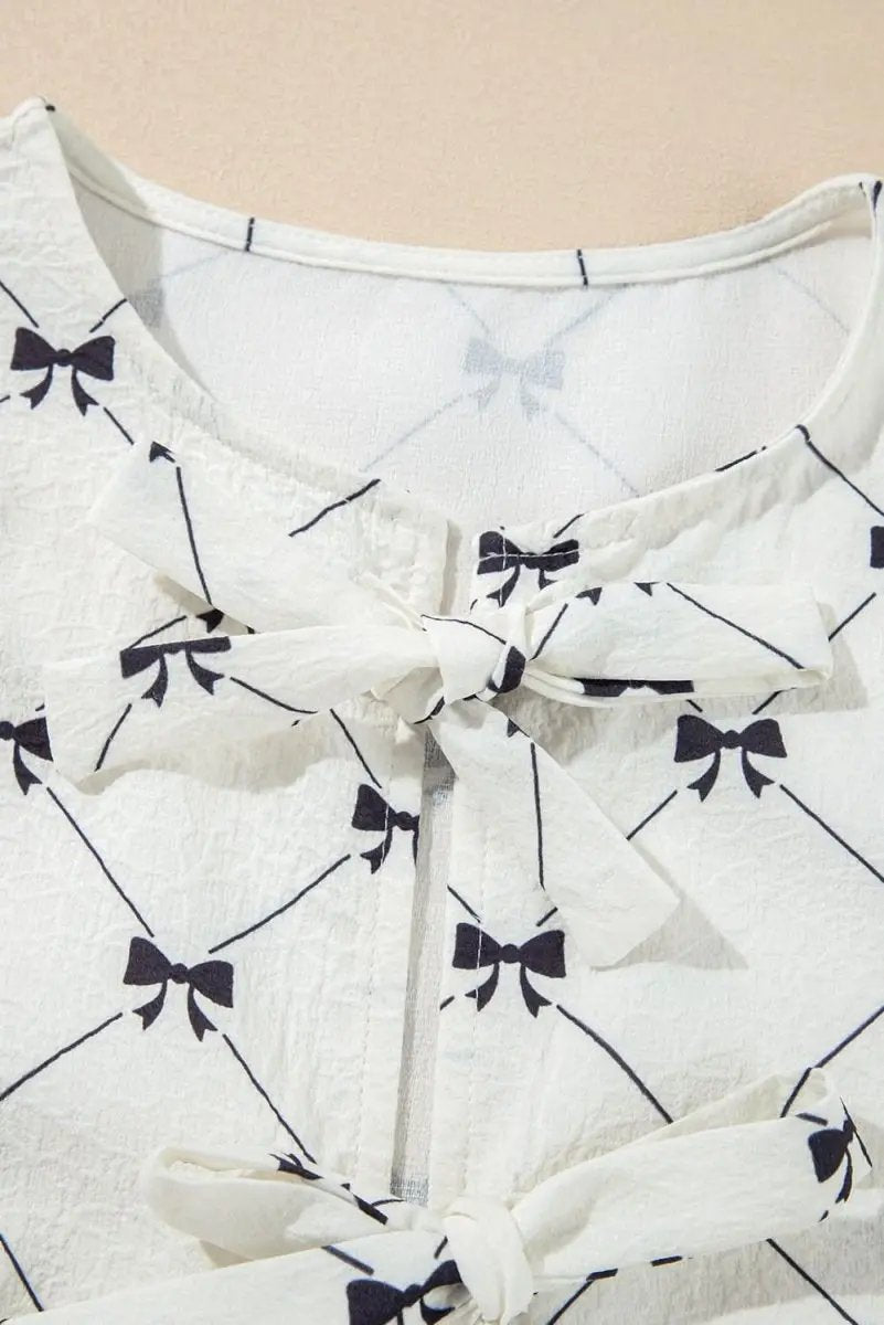 Accessories Love Salve White Bowknot Blouse Women's Elegant Top Front Knots Bubble Sleeve