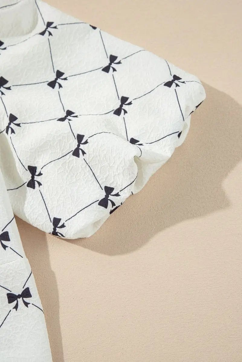 Accessories Love Salve White Bowknot Blouse Women's Elegant Top Front Knots Bubble Sleeve
