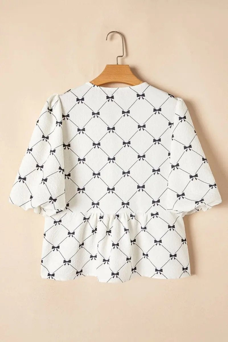 Accessories Love Salve White Bowknot Blouse Women's Elegant Top Front Knots Bubble Sleeve