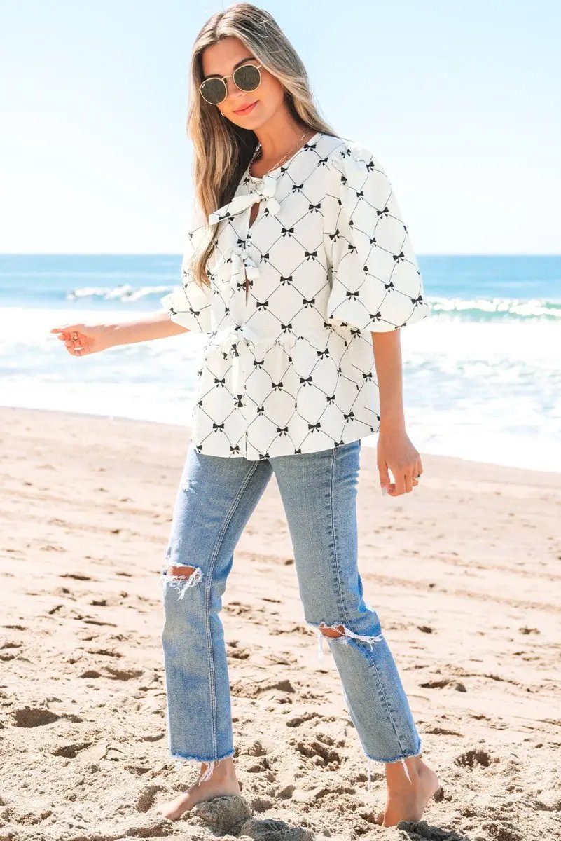 Accessories Love Salve White Bowknot Blouse Women's Elegant Top Front Knots Bubble Sleeve