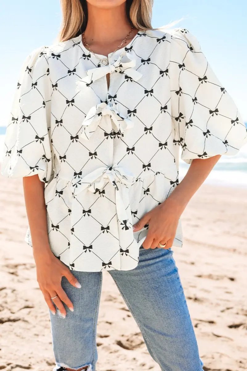 Accessories Love Salve White Bowknot Blouse Women's Elegant Top Front Knots Bubble Sleeve