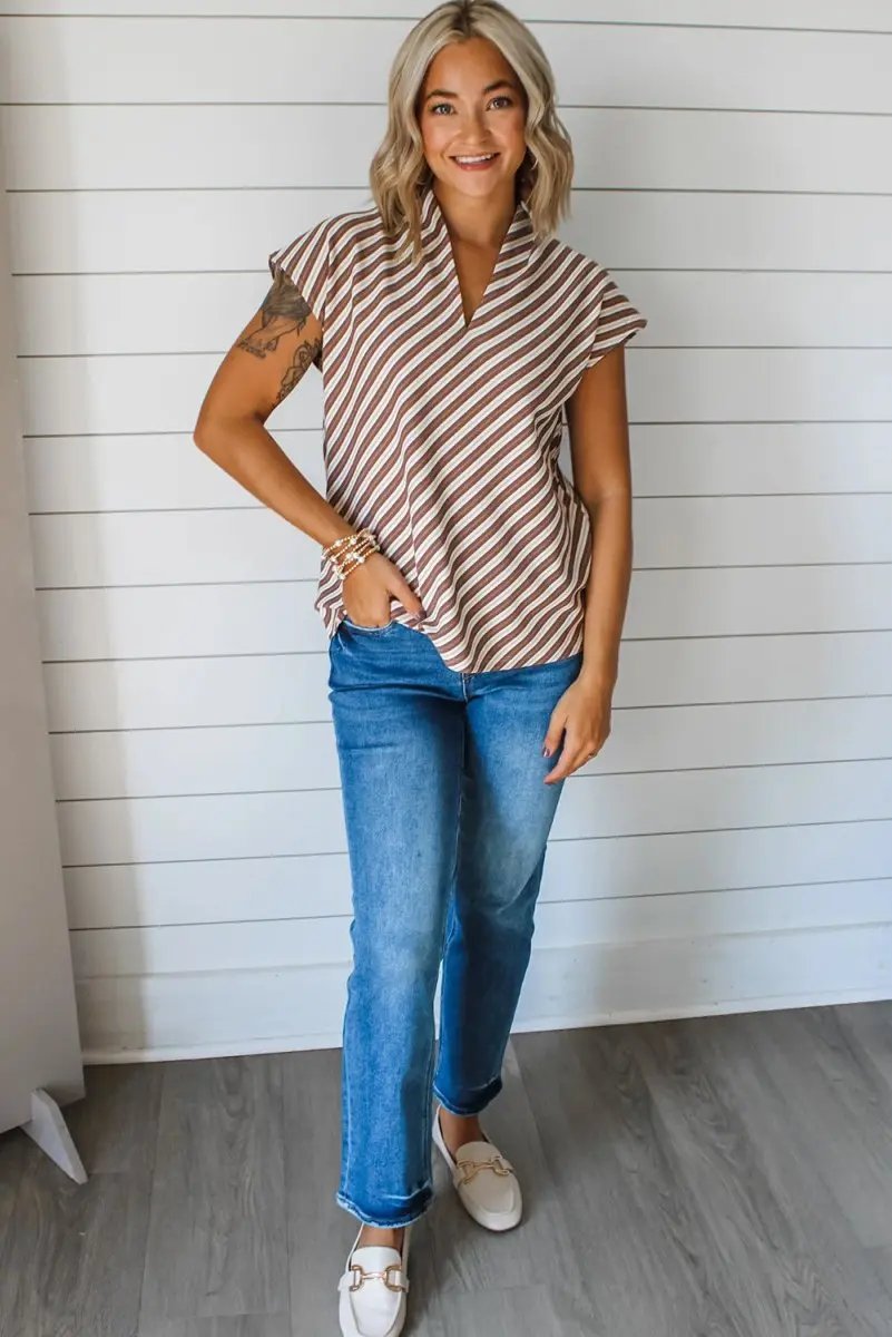 T-Shirts Love Salve Chestnut Striped Top Women's Daily Wear Blouse V Neck, Short Sleeve, Casual