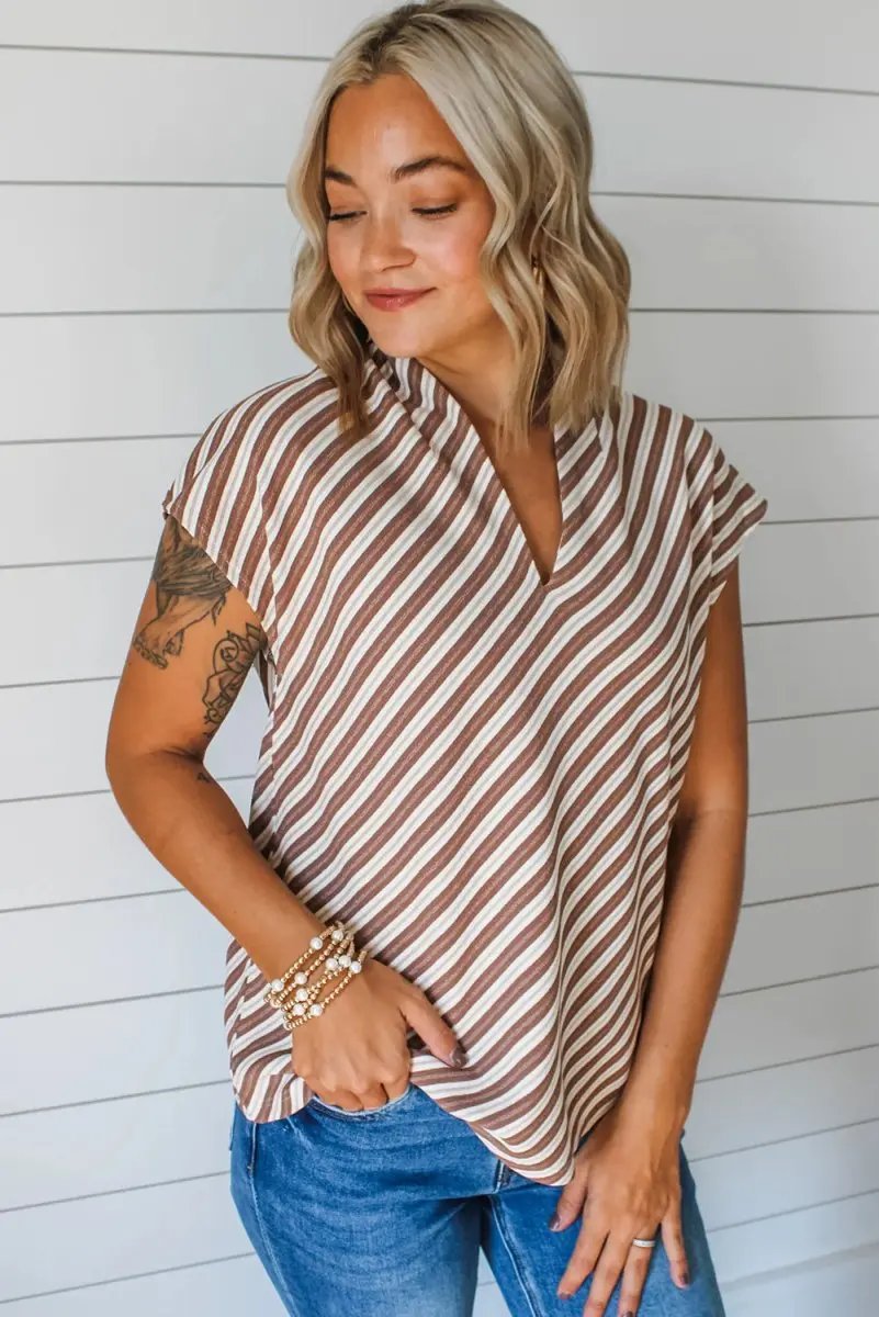 T-Shirts Love Salve Chestnut Striped Top Women's Daily Wear Blouse V Neck, Short Sleeve, Casual