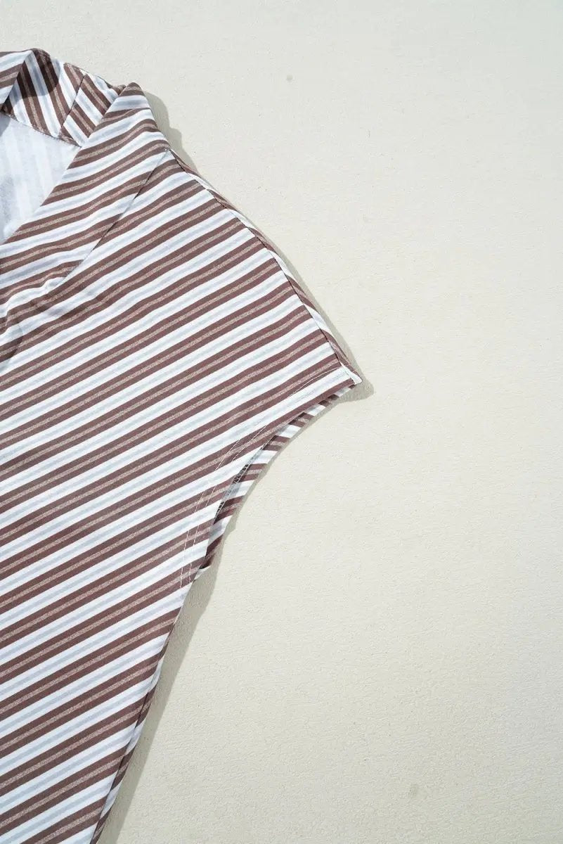 T-Shirts Love Salve Chestnut Striped Top Women's Daily Wear Blouse V Neck, Short Sleeve, Casual