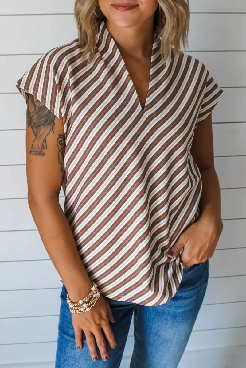 T-Shirts Love Salve Chestnut Striped Top Women's Daily Wear Blouse V Neck, Short Sleeve, Casual
