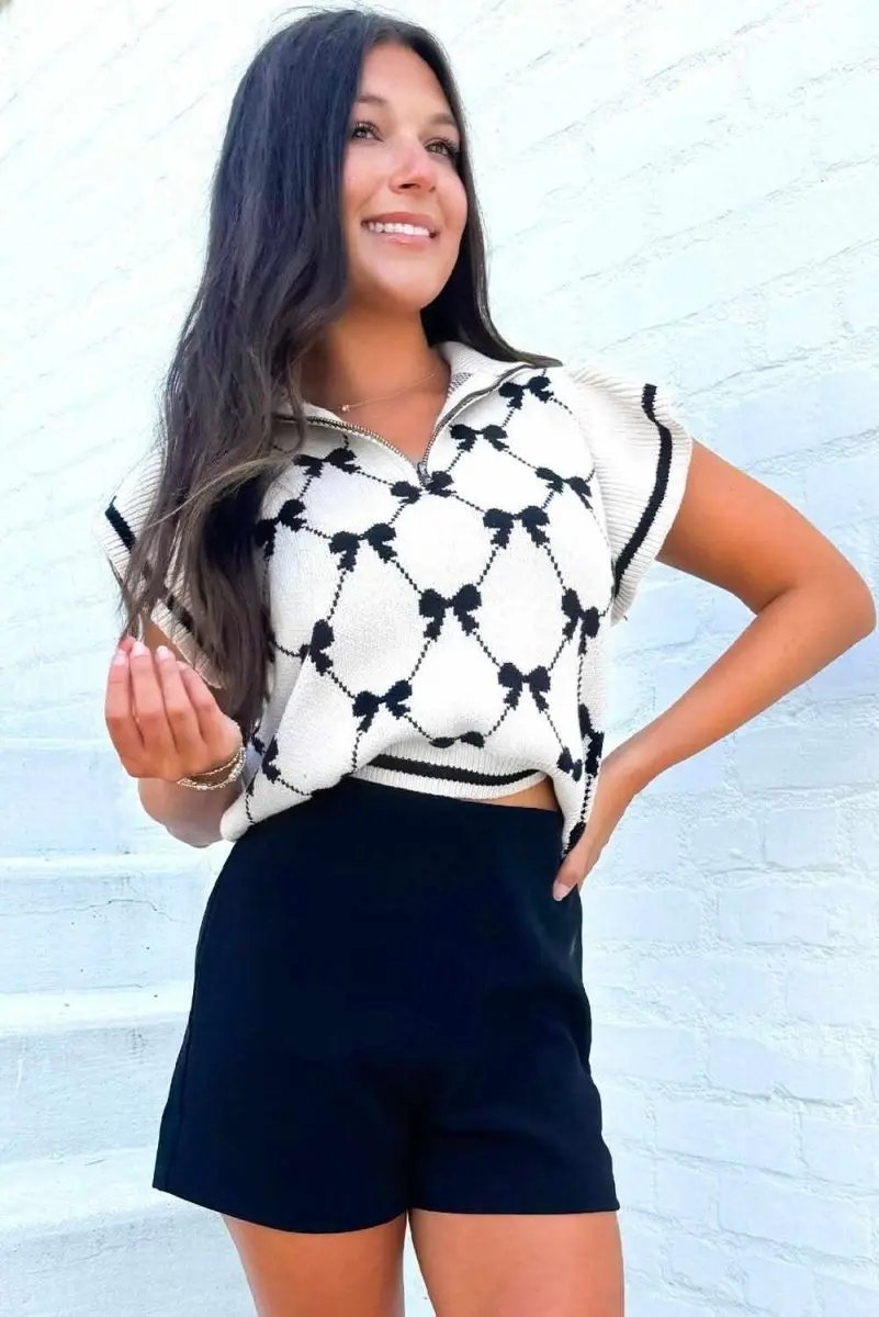 Pants Love Salve Black Bow Print Tee Women's Daily Top Short Sleeve Chic Knit