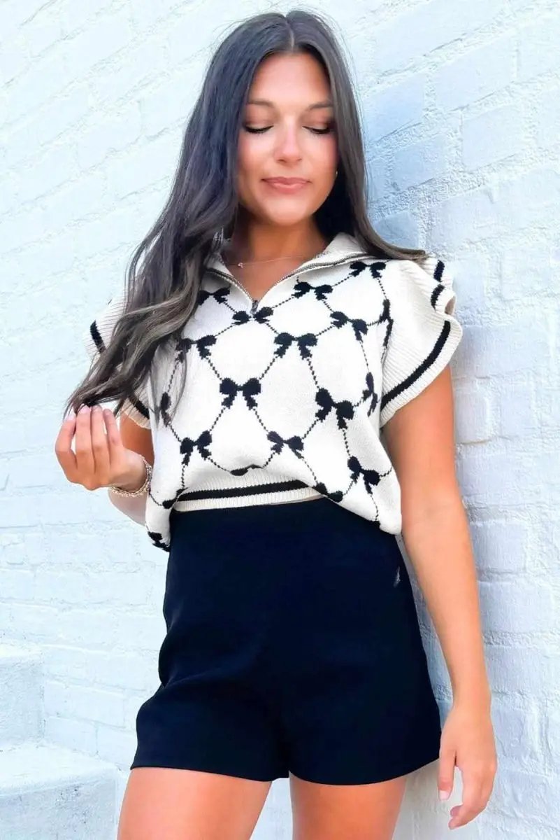 Pants Love Salve Black Bow Print Tee Women's Daily Top Short Sleeve Chic Knit