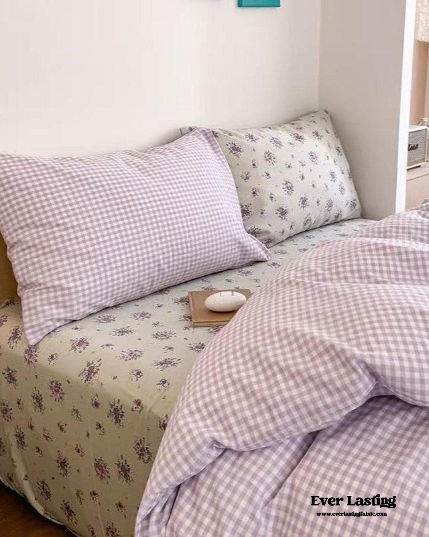 Chloe Pastel Candy Cotton Bedding Set / Purple Plaid