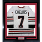 Framed Autographed/Signed Chris Chelios 35x39 Chicago White Hockey Jersey JSA COA