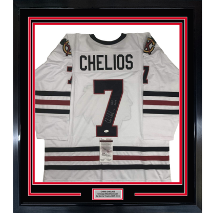 Framed Autographed/Signed Chris Chelios HOF 2013 35x39 Chicago White Hockey Jersey JSA COA