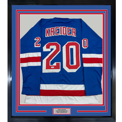 Framed Autographed/Signed Chris Kreider 35x39 New York Blue Hockey Jersey Beckett BAS COA