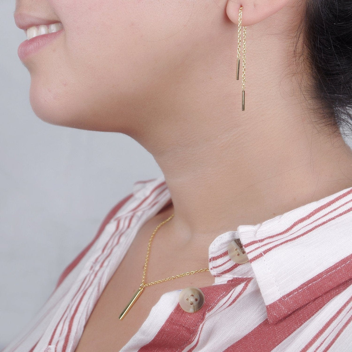 Christmas Gift for Stepdaughter Gold Bar Earring Threader and Necklace Jewelry Set