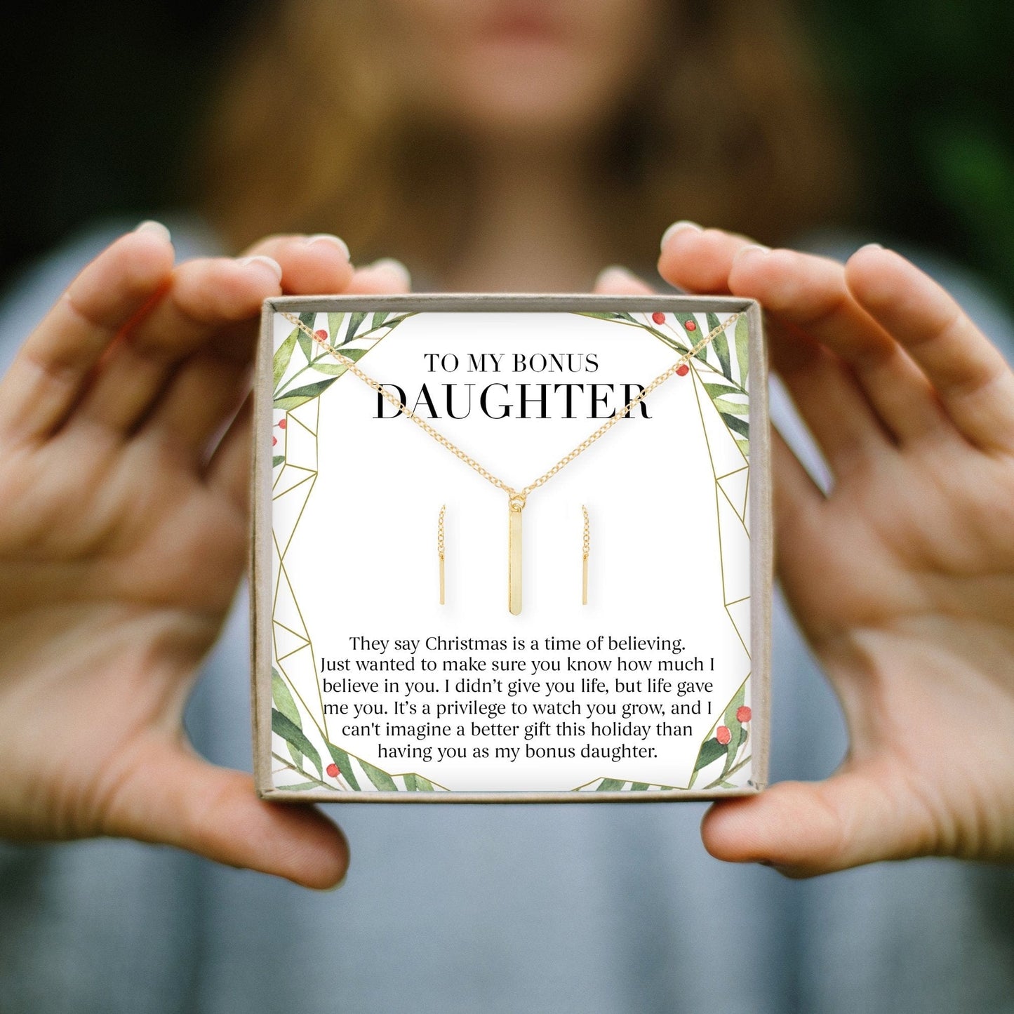 Christmas Gift for Stepdaughter Gold Bar Earring Threader and Necklace Jewelry Set