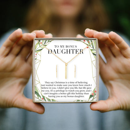 Christmas Gift for Stepdaughter Gold Bar Earring Threader and Necklace Jewelry Set