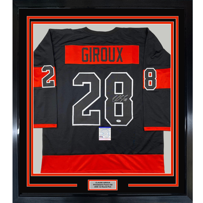 Framed Autographed/Signed Claude Giroux 35x39 Philadelphia Black Hockey Jersey PSA/DNA COA