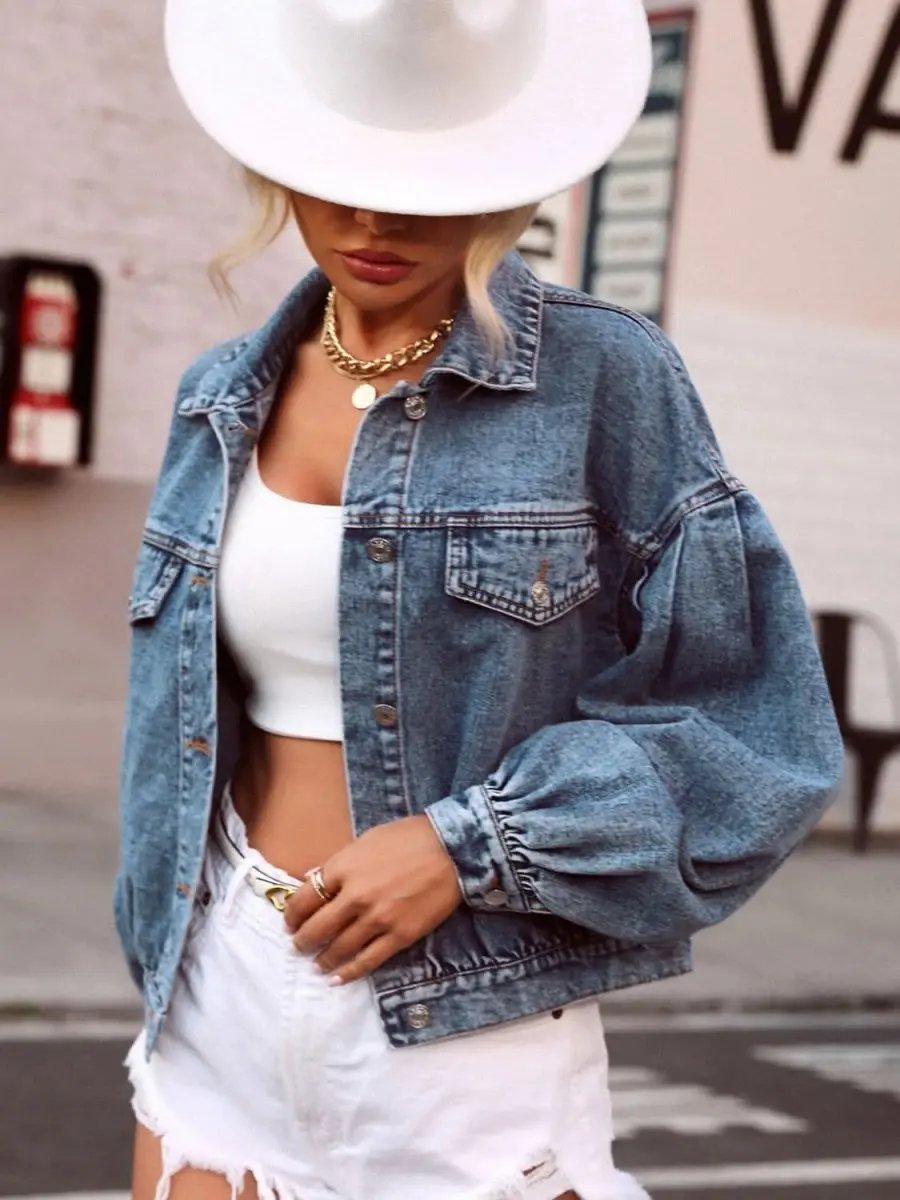Jeans Trendsi Denim Top Women's Casual Collared Dropped Shoulder Buttoned Shirt