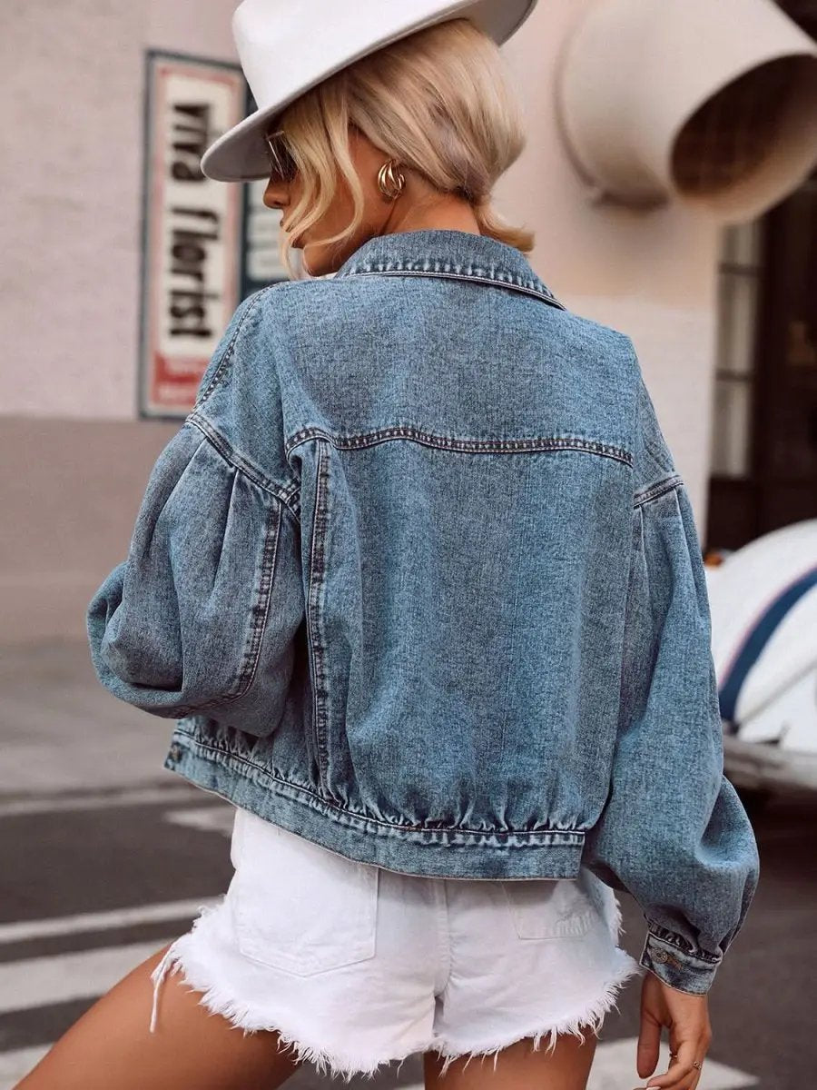 Jeans Trendsi Denim Top Women's Casual Collared Dropped Shoulder Buttoned Shirt