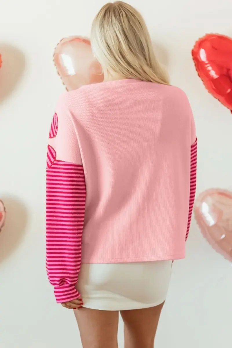 Sweaters Love Salve Pink Floral Top Women's Daily Casual Waffle Knit Tee - Color Block & Striped