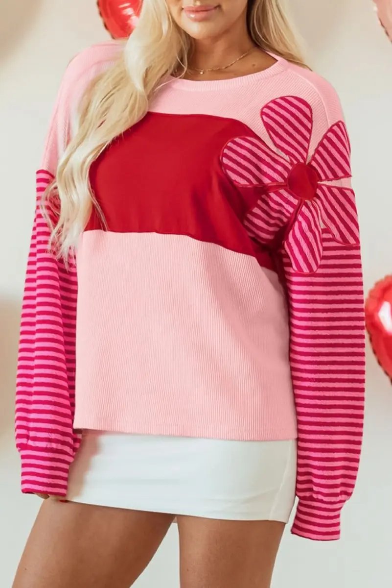 Sweaters Love Salve Pink Floral Top Women's Daily Casual Waffle Knit Tee - Color Block & Striped