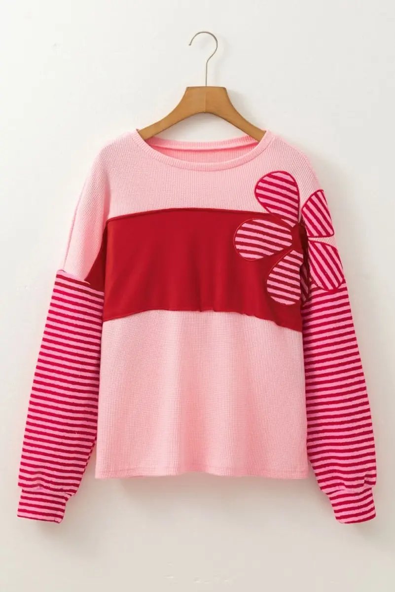 Sweaters Love Salve Pink Floral Top Women's Daily Casual Waffle Knit Tee - Color Block & Striped