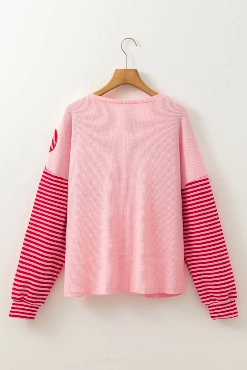 Sweaters Love Salve Pink Floral Top Women's Daily Casual Waffle Knit Tee - Color Block & Striped