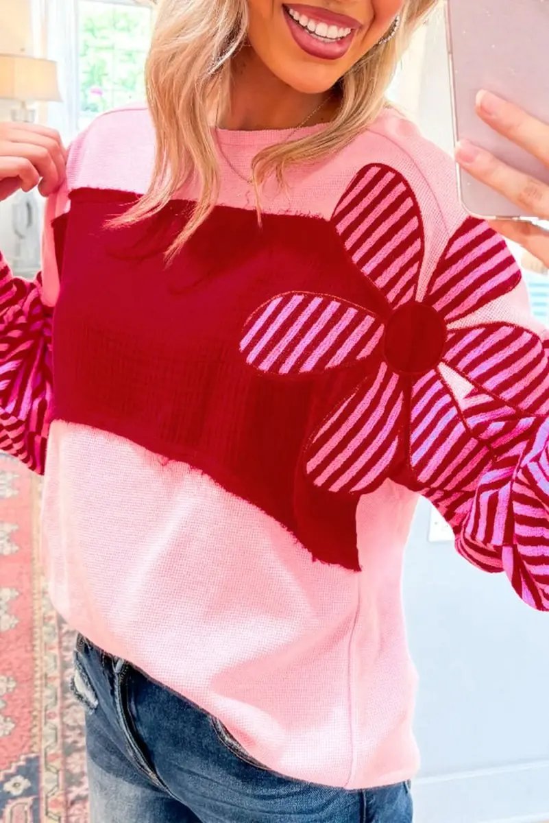 Sweaters Love Salve Pink Floral Top Women's Daily Casual Waffle Knit Tee - Color Block & Striped