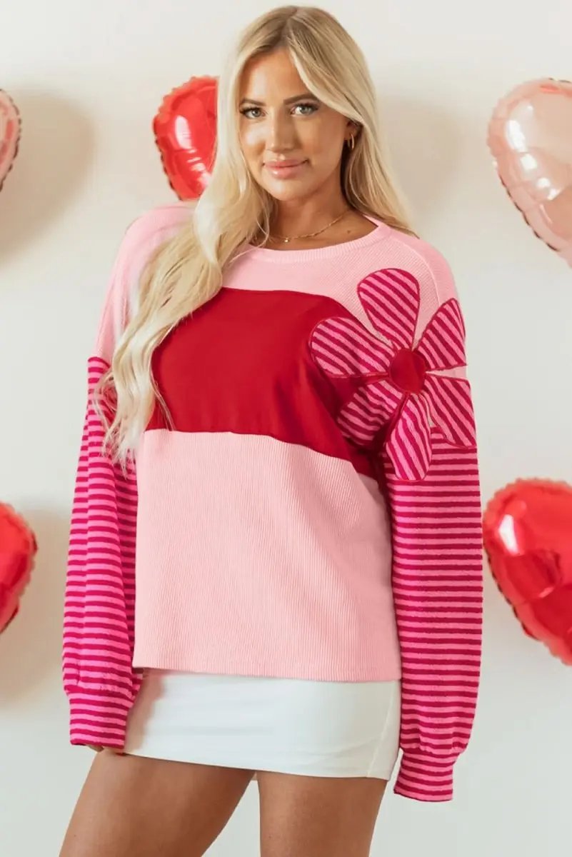 Sweaters Love Salve Pink Floral Top Women's Daily Casual Waffle Knit Tee - Color Block & Striped