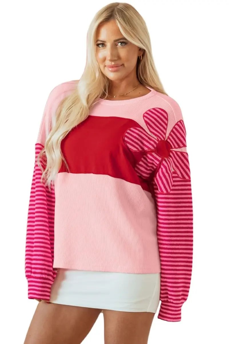 Sweaters Love Salve Pink Floral Top Women's Daily Casual Waffle Knit Tee - Color Block & Striped