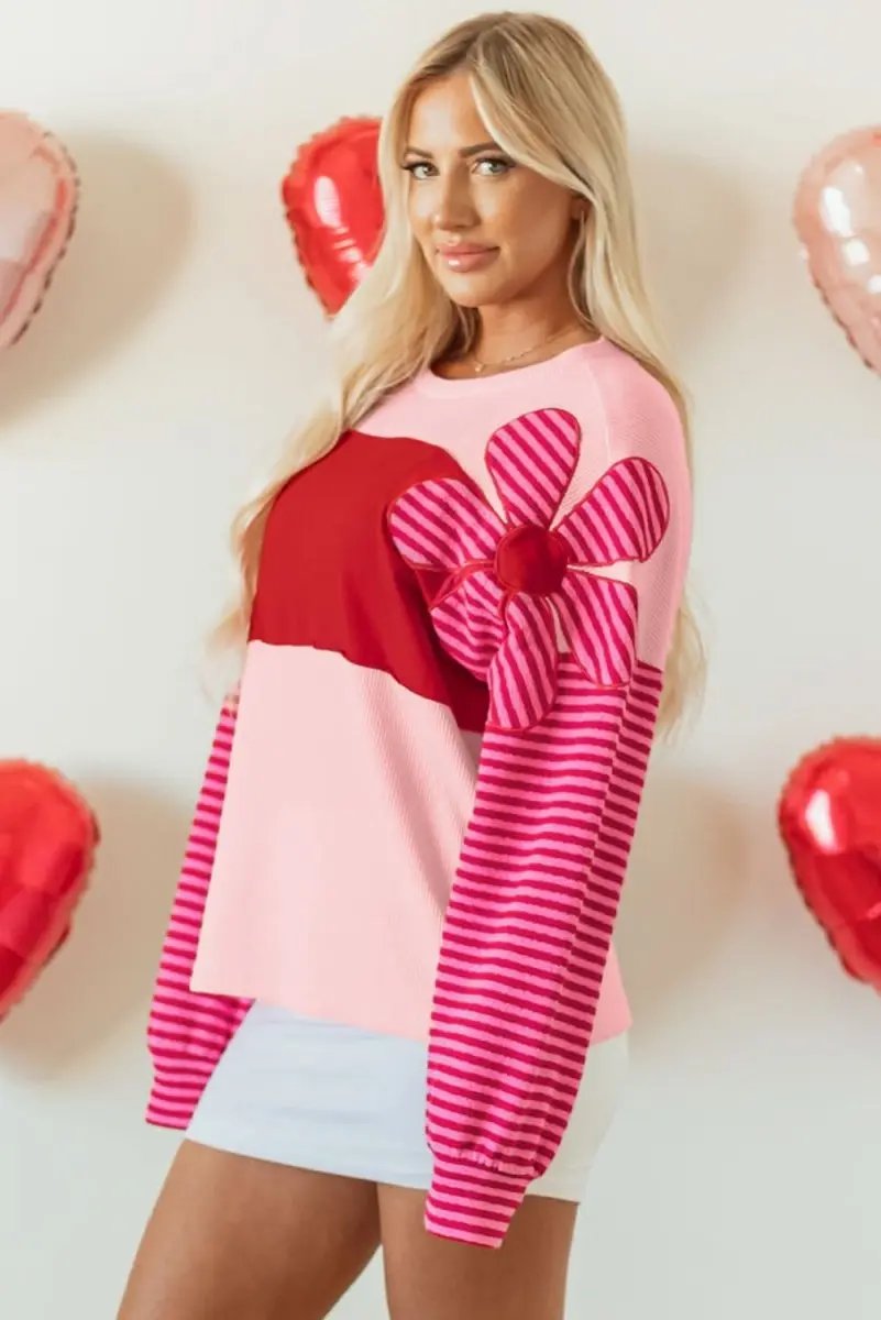 Sweaters Love Salve Pink Floral Top Women's Daily Casual Waffle Knit Tee - Color Block & Striped