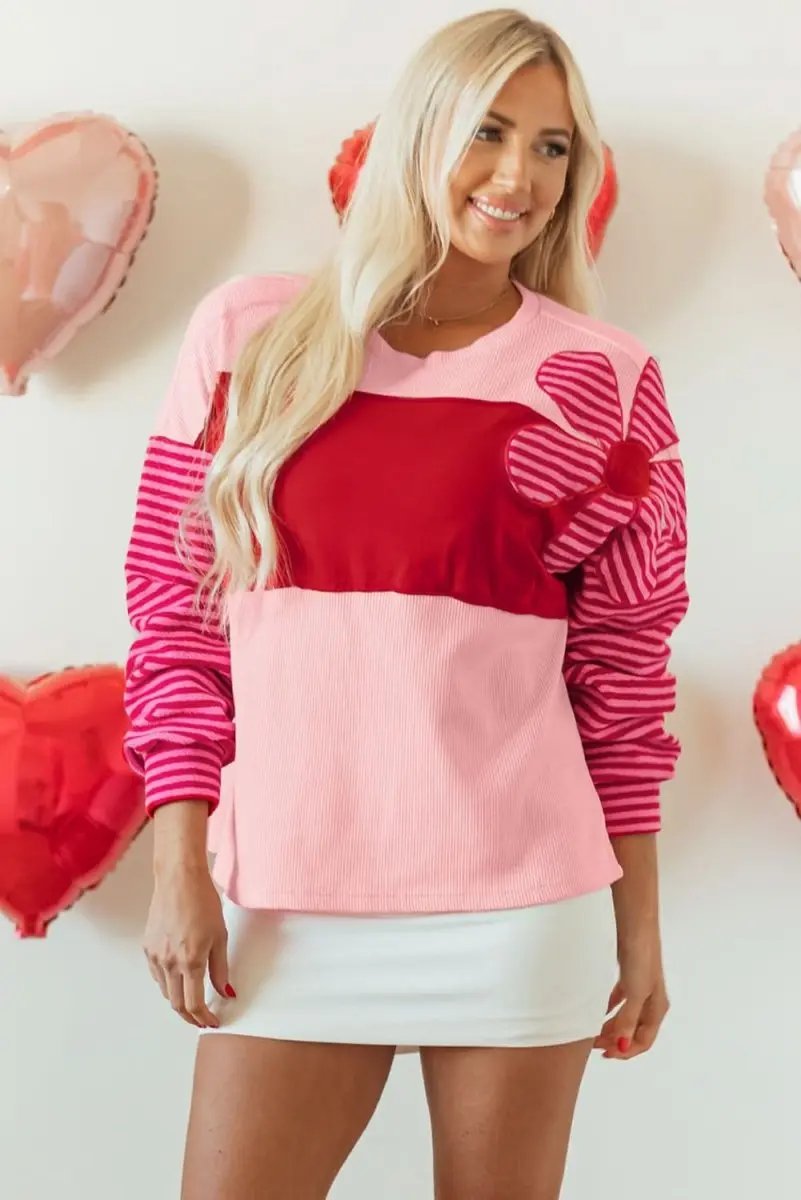 Sweaters Love Salve Pink Floral Top Women's Daily Casual Waffle Knit Tee - Color Block & Striped
